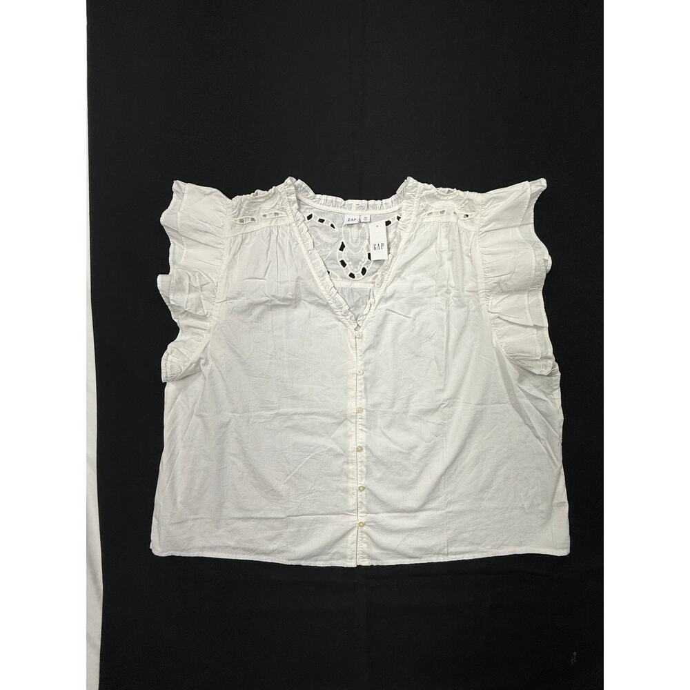 NWT Gap white Relaxed Poplin Flutter Sleeve Top Sz XXL v-neckline ruffle trim - Picture 6 of 10